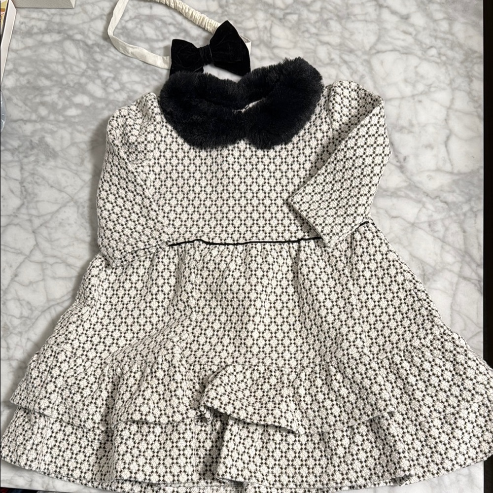 Janie and Jack Black and White Tweed Patterned Dress with Faux Fur Collar